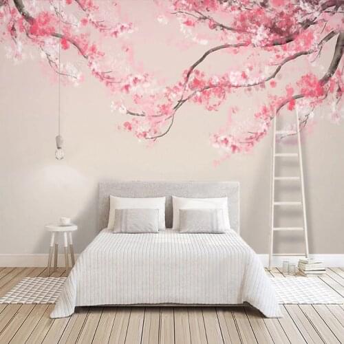 Custom Any Size Mural Wallpaper Hand Painted Chinese Style Ink Watercolor Cherry Blossoms Tree Decoration Painting 3D Wallpapers