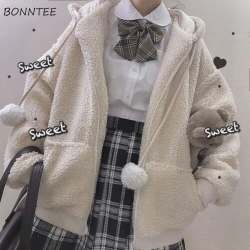 Solid Hoodies Women Japanese Style Chic Trendy Popular Leisure Cute Warm College All-match Loose Female Clothing Hooded Tender