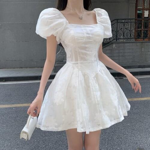 Zoki Elegant White Women Dress Puff Sleeve Fashion A Line Square Collar Luxury Lace Black Party Mini Dress High Waist Vestidos
