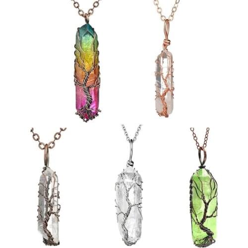 7 Chakra Crystal Natural Rainbow Stone Quartz Tree Of Life Pendant Necklace For Women Men Pendulum Reiki Healing Chakra Jewelry