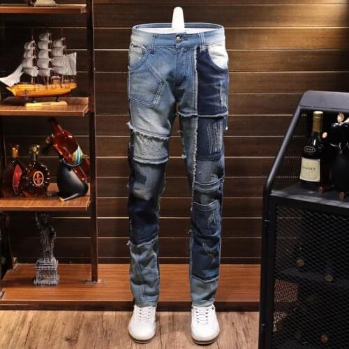 Stylish Mens Jeans Pencil Pants Tassel Patchwork Motor Washed Trousers Elastic J52
