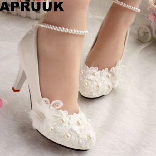 Wedding shoes for women new design ivory lace low high heels flowers pearls anklet woman bridal shoe dress proms party pumps
