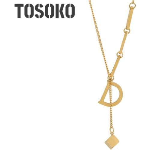 TOSOKO Stainless Steel Jewelry Simple D-Shaped Small Square Pendant Necklace Womens Clavicle Sweater Necklace BSP663