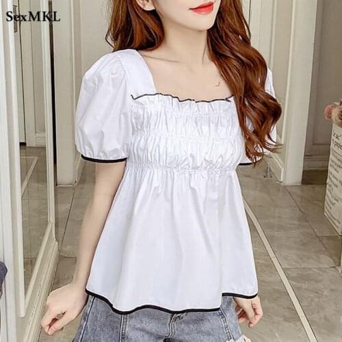 Vintage Summer Puff Sleeve Top Women 2021 Fahsion Casual White Purple Corset Blouses Sexy French Short Bustier Chiffon Shirts XL