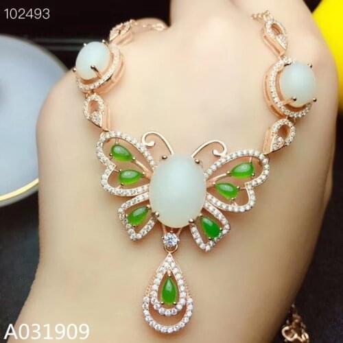 KJJEAXCMY boutique jewelry 925 sterling silver inlaid Natural White jade necklace Womens pendant supports inspection beautiful