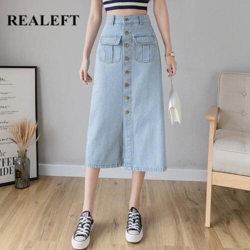 REALEFT 2021 New Spring Summer Vintage Womens Denim Wrap Skirts Single Breasted High Waist Chic A-Line Skirts Female Pockets
