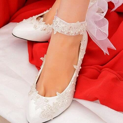 5CM middle heel ivory pearls bridal wedding pumps shoes bridal brides lace organza straps bridal pumps