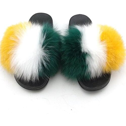Women summer Slide Fox fuzzy sandals furry fluffy plushs Fur slippers real fur fox hair colorful flip flpos Women shoes