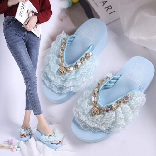 2020 Summer Wedges High Heels Platform Shoes Woman Slippers Thick Bottom Floral Crystal Flip Flops Beach Women Shoes Plus Size