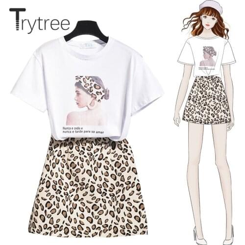 Trytree 2020 Summer Women Two Piece Set Casual O-neck Loose Character Top + Skirt Mini Leopard Fashion Temperament 2 Piece Set