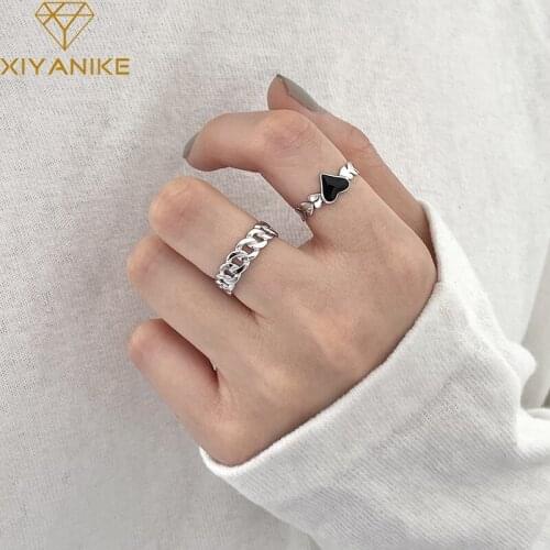 XIYANIKE 925 Sterling Silver Black Love Heart Hollow Chain Smooth Ring Women Minimalist Trendy Exquisite Jewelry Couple Gift