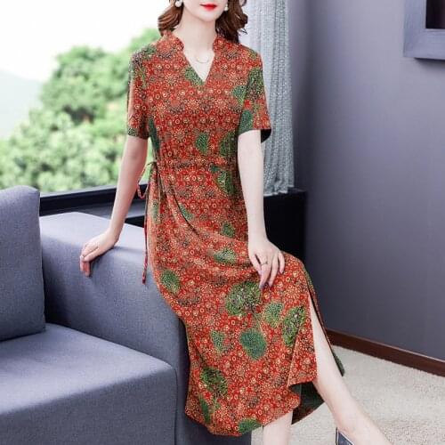 Women Elegant Casual Red Print Boho Beach Midi Dress 2021 Summer Vintage 4XL Plus Size Short Sleeve Dress Bodycon Party Vestidos