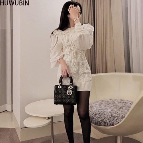 2021 New Round Neck Splicing Lantern Sleeve High-End Temperament Knitted Dress Womens Autumn And Winter Slim Wrap Hip Sweater
