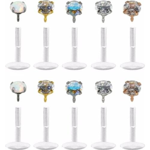 10pieces Prong Set Grab Opal & CZ Crystal Zirconia Labret Lip Ring Piercing Monroe Stud Flexible Post Ear Helix Earring Jewelry