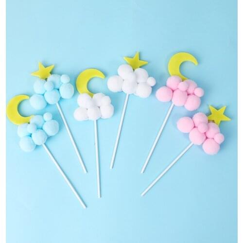 2pcs Happy Birthday Cake Topper Soft Pompom Cloud Moon Star Cupcake Toppers Diy Cake Decoration Wedding Party Supplies