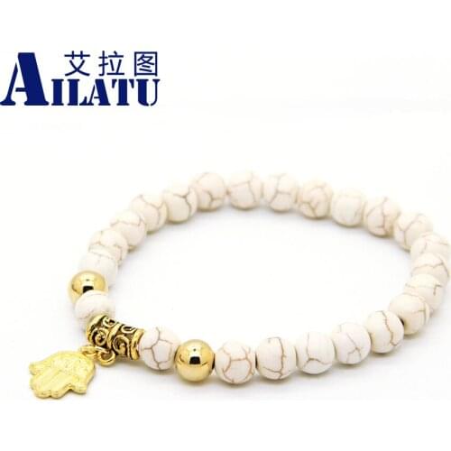 Ailatu Fashion Plated Alloy Fatima Hand Hamsa Charm Bracelets with 8mm Created White Stone Bead Muslim Jewelery