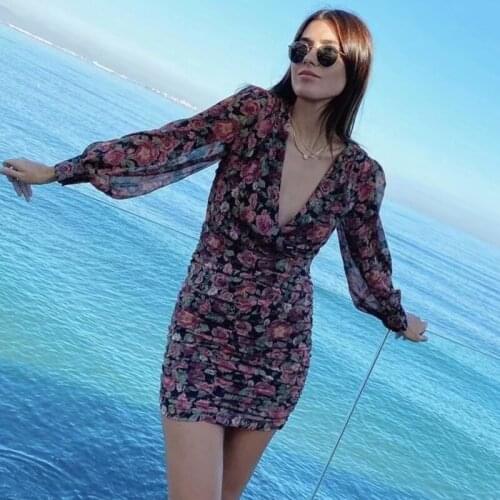 Ardm Fashion Deep V Flower Print Pleated Woman Dress Vintage Slim Chiffon Mini Dress Spring Elegant Party Dress