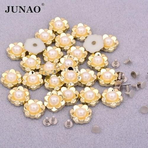 JUNAO 100pcs 12mm 15mm Beige Pearl Flowers Rhinestone Decorative Rivets Spikes Pearl Beads Appliques for DIY Leather Shoes
