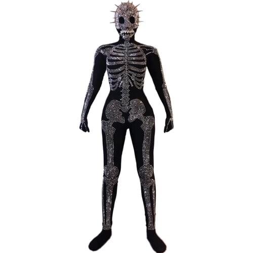 Halloween Role Playing Costume Sparkling Skeleton Bone Decoration Jumpsuits Nightclub Outfit Mens Rave Party Clothing