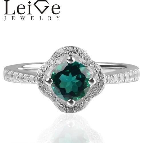Leige Jewelry Lab Emerald Rings Round Shape Engagement Halo Ring For Woman Romantic Gifts 925 Sterling Silver