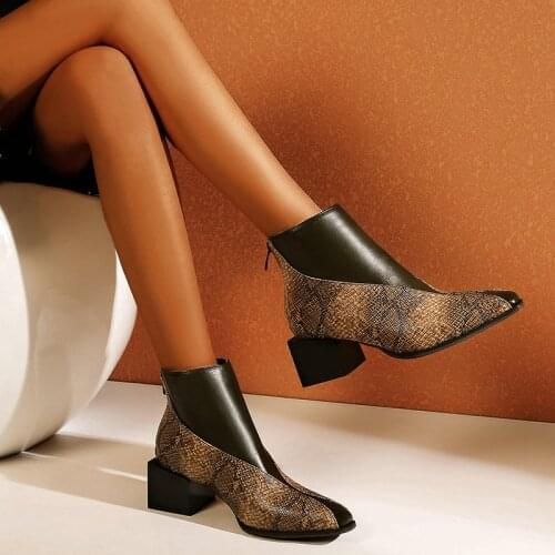 Plus Size 48 Fashion Snake Print Ankle Boots for Women Casual Square High Heels Motorcycle Boots Autumn Winter Shoes Ladies