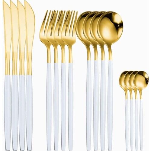 18/10 Stainless Steel Cutlery Set White Gold Dinnerware Set Forks Knives Spoons Dinner Set Tableware for Weddings Dropshipping