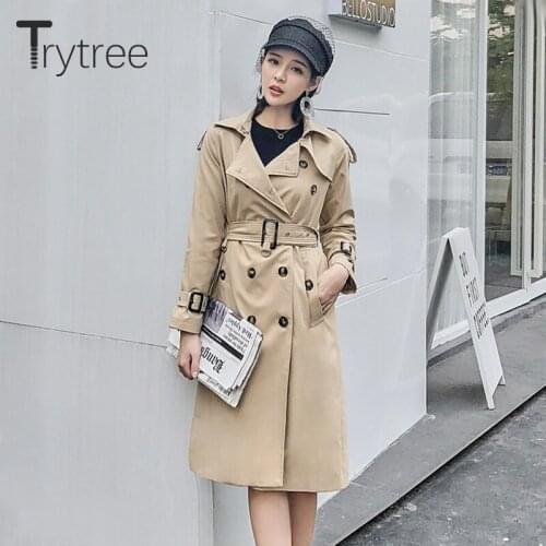 Trytree Autumn Women Coat Casual Button Pockets Belt Adjustable Waist Turn-down Collar Trench Office Lady Double Breasted Coat