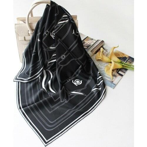 Luxury 100% Twill Silk Scarf Women Elegant Fashion Kerchief Bandana Horse Print Shawl Hijab Hand Rolled Headscarf Stole 90*90cm