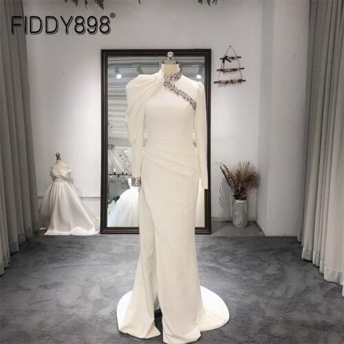 FIDDY898 Satin Wedding Dress vestido de noiva Simple Ivory Crystal Wedding Gown With Long Sleeves Dress Backless Bridal Gown