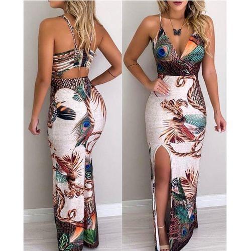 Women Summer Elegant Sling V Neck Peacock Feather Print Split Pencil Dress Female Bodycon Mini Short Vestidos Beach Sundress