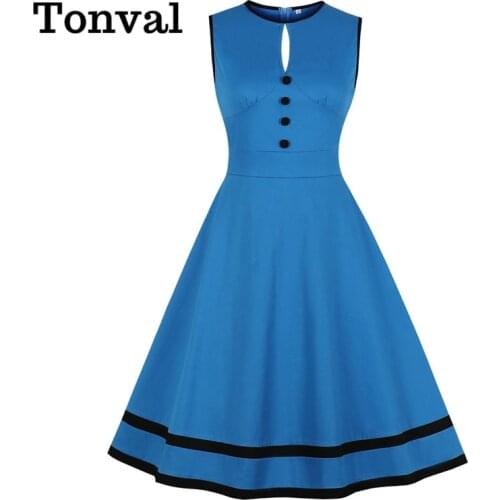 Tonval Cut Out Button Front High Waist Rockabilly Vintage Style Dresses for Women 2021 Blue Sleeveless Robe Cotton Slim Dress