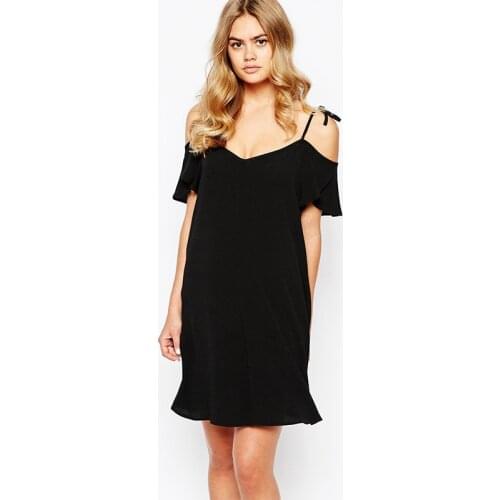 New Womens Fashion Simple Off Shoulder Lace Up V-neck Loose Ruffle Dress