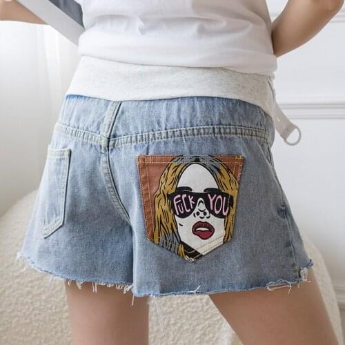 38506# Maternity Jeans Shorts Maternity Jeans Summer Cartoon Printed Pants Belly Support Pants Elastic Waist Maternity Trousers
