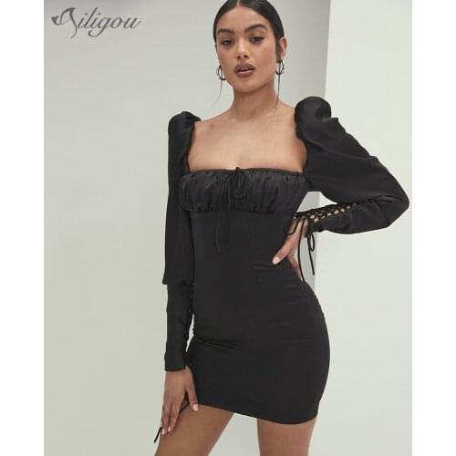 Ailigou 2021 New Full Sleeve Low Cut Female Office Ladies Street Casual Wear Black Skinny Sexy Draped Celebrity Party Mini Dress