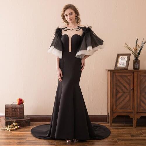Sexy Open Back Black Evening Dresses 2019 Half sleeve Sheer Neck Mermaid Prom Evening Formal Gowns