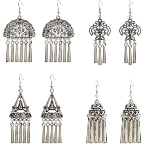 Ethnic Vintage Gypsy Earrings Balij Humka Jhumki Geometric Tassel Mexican Jewelry Dangle Earrings India Turkish Oxidized Jewelry