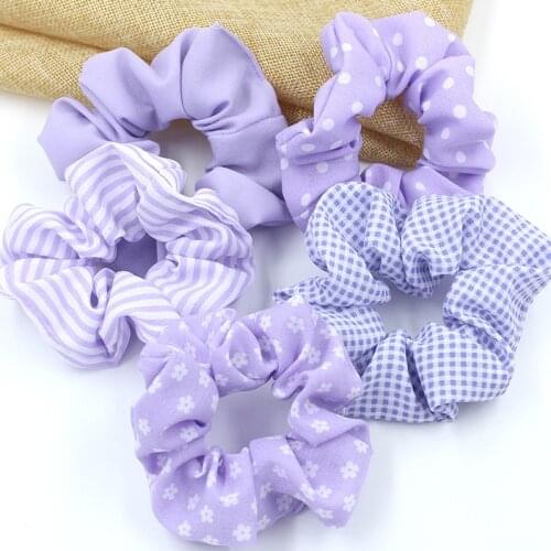 Purple Hair Ring Flower Dots Print Hair Rope Elastic Hair Bands Rubber Ponytail Hair Scrunchie Plaid Striped Hair Loops Headwear