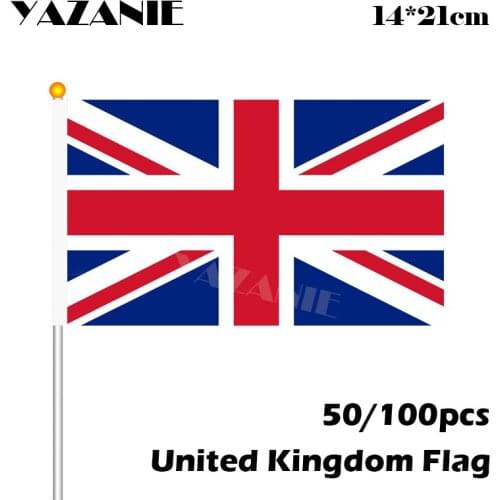 YAZANIE 14*21cm 50/100pcs UK United Kingdom Hand Flag Britain Small Size Flying Wave Flag England Waving Banner with Poles
