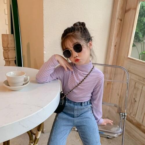 New Children Autumn Tshirts for Girls Turtlneck Girls Long Sleeve Striped T Shirt Kids Cotton Tops All Match Kids Clothes 2-7T