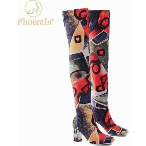 Phoentin geometric autumn boots colorful thigh boots dollars printed shoes women vintage overknee metal toe crystal heels FT1164