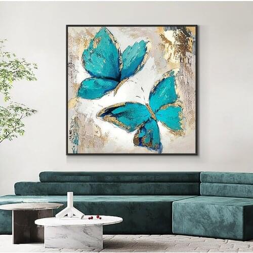 Abstract Blue Butterflies With Gold Foil Painting 100% Hand Painted On Canvas Handmade Oil Painting Wall Art For Home Decoration