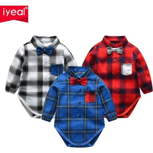 IYEAL Gentleman Baby Boys Bodysuit With Bowtie Plaid Long Sleeve Cotton Toddler Clothes 0-18M Newborn Infant Body Bebe Clothing
