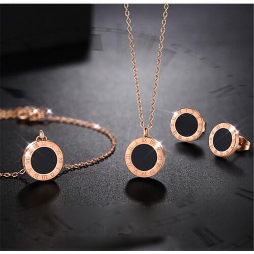 316L Stainless Steel Double Ring Necklace Set Roman Numerals Rose Gold Necklace Bracelet Earrings Three-piece Set