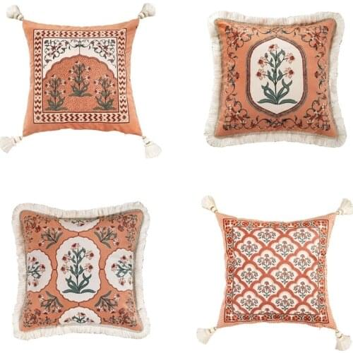 Red Floral Farmhouse Cushion Cover Tassel Velvet Throw Pillow Covers Luxury for Bed Sofa Couch Square Vintage Pack of 2