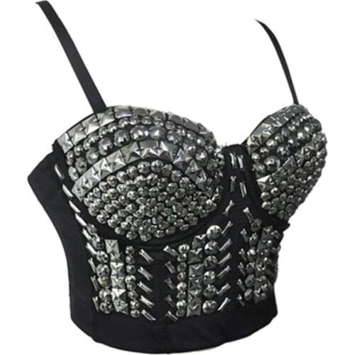 Hot Nightclub Singer Dancer Punk Sequins Beaded Rivets Sexy Ladies Bra Women Vest Black Tops Rock Women Clothing