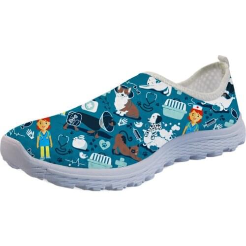WHEREISART Cute Cartoon Veterinary Surgeon Nurse Flats Vet Print Women Walking Shoes Zapatos Mujer Mesh Shoes Female Loafers