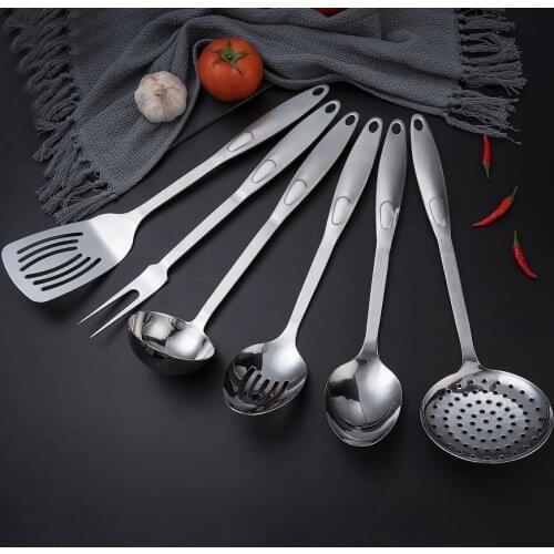 6Pcs Cookware Set Kitchen Utensils High Grade Stainless Steel Cook Shovel Soup Slotted Spoon Skimmer Fork Non-Stick Kitchen Tool