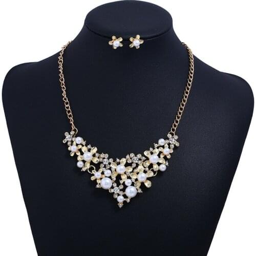Rhinestone Faux Pearl Flower Necklace Earrings For Women Wedding Party Jewelry Set chic