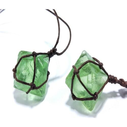 Natural Emerald Crystal Pendant Healing DT Gemstone Wand Reiki Green Fluorite Wrap Braid Necklace Yoga Macrame for Men Women