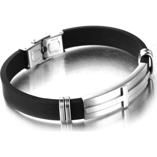 New Arrive Stainless Steel Silver Color Cross Black Silicone Chain Mens Womens Bracelet Wristband Wholesale Unisexs Jewelry 8"